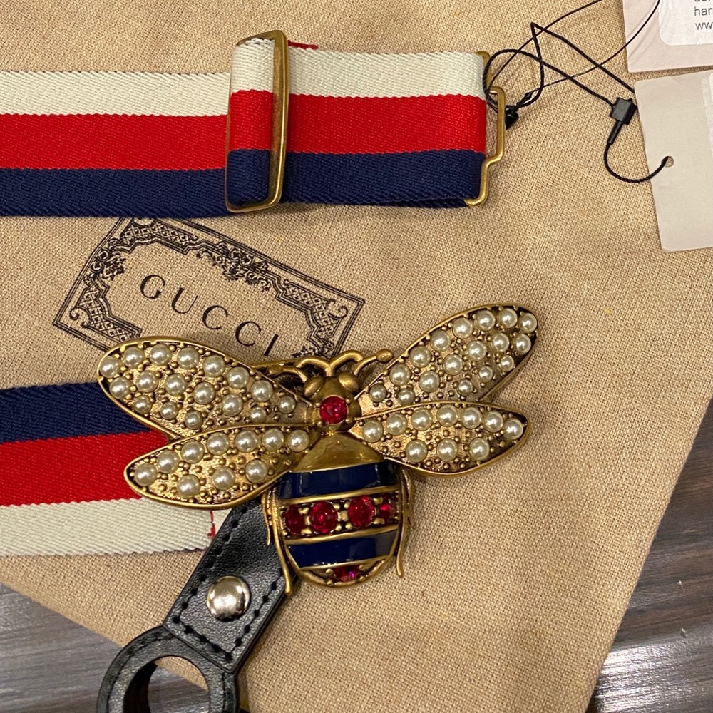 Authentic Striped Web Bee Belt Gucci